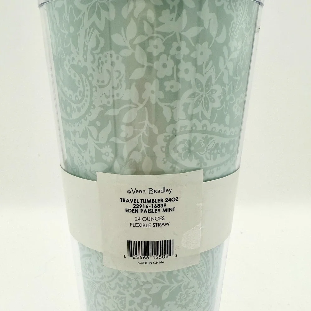 Vera Bradley Travel Tumbler 24 oz Eden Paisley Mint No Straw BPA Free Hand Wash